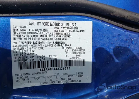 2003 Ford Taurus Se from USA, damaged, VIN 1FAFP58U43A236648